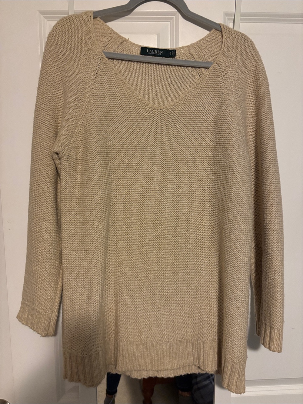 Lauren Ralph Lauren Beige Rounded V-Neck Reverse Knit Sweater